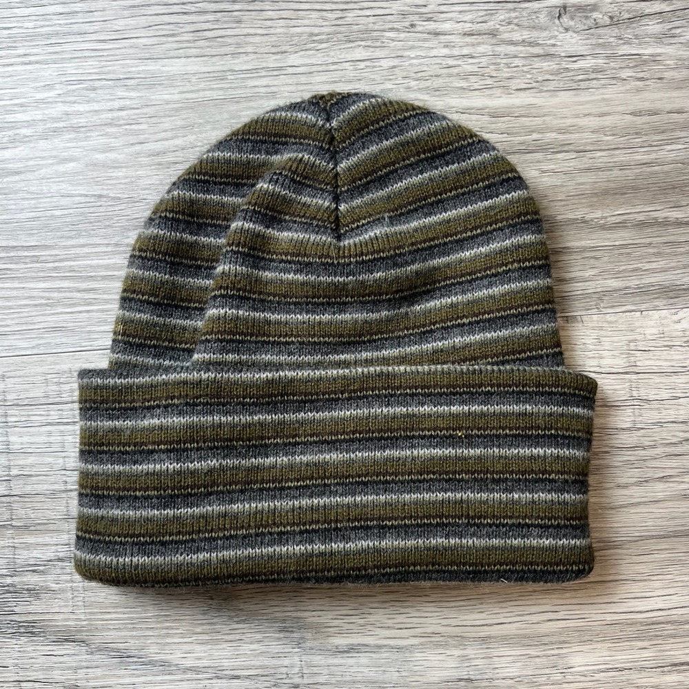 Wigwam Beanie Hat Unisex OS Green Grey Striped Knit Cuffed Watch Cap Slouchy X10
